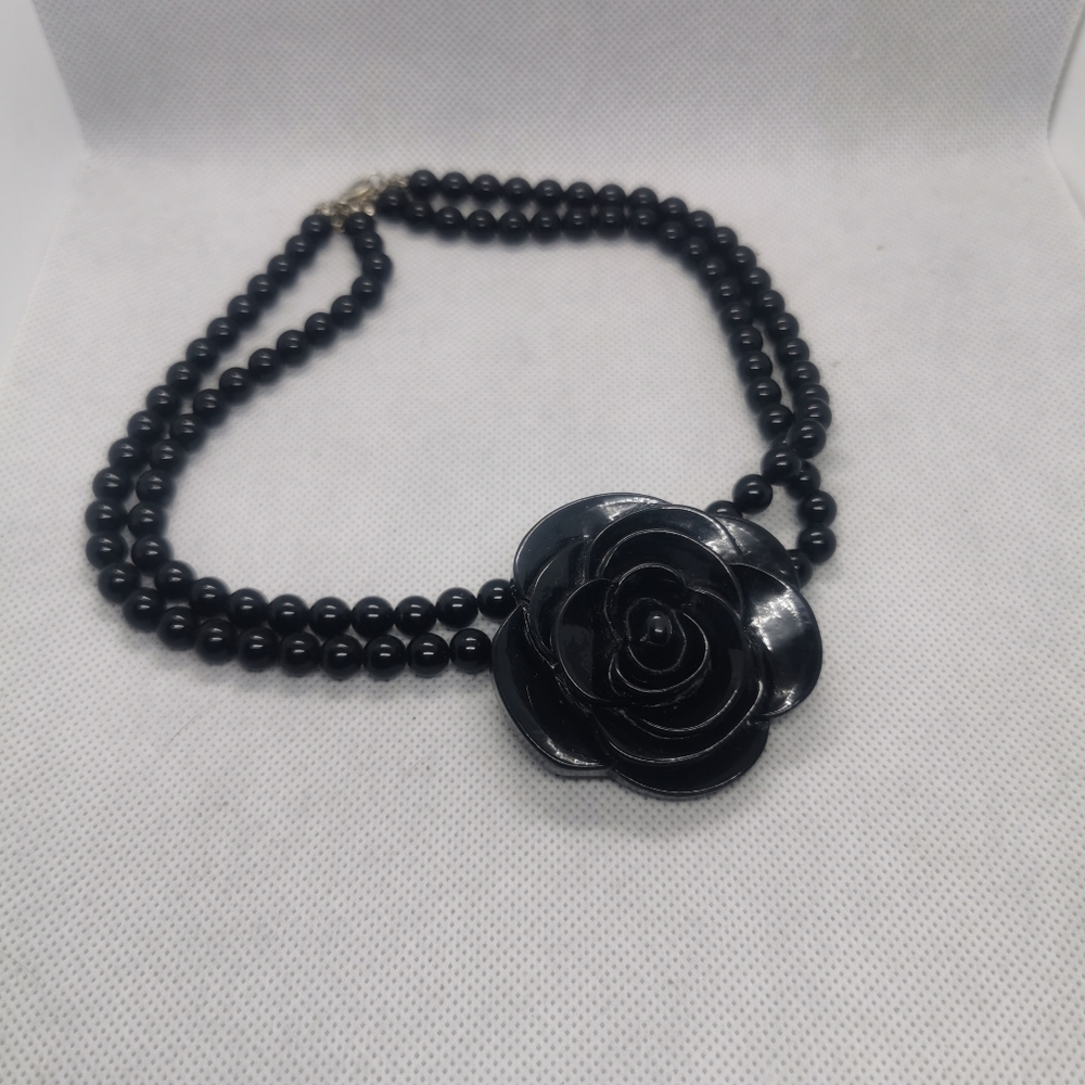 Black Beaded Fashion Necklace with Large Flower Focal